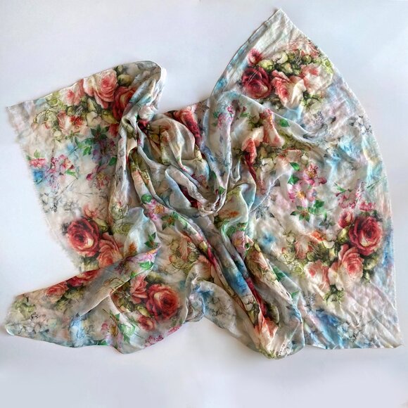 Flower Print Large Cotton Linen Blend Shawl Scarf Wraps 40"x69" - Picture 6 of 11